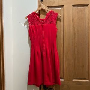 Red pleated lace above knee dress